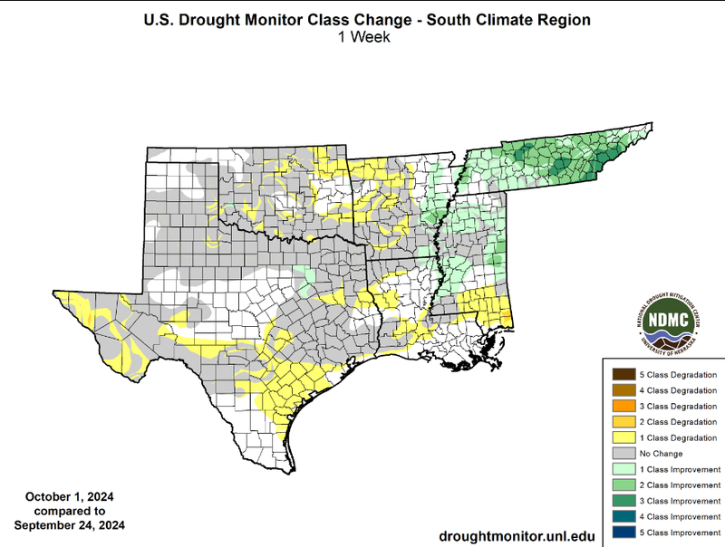 U.S Drought Monitor Class Change Map for Southern Climate Region, Valid October 1st