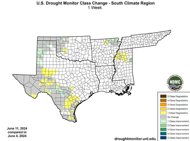 U.S Drought Monitor Class Change Map for Southern Climate Region, Valid June 11th