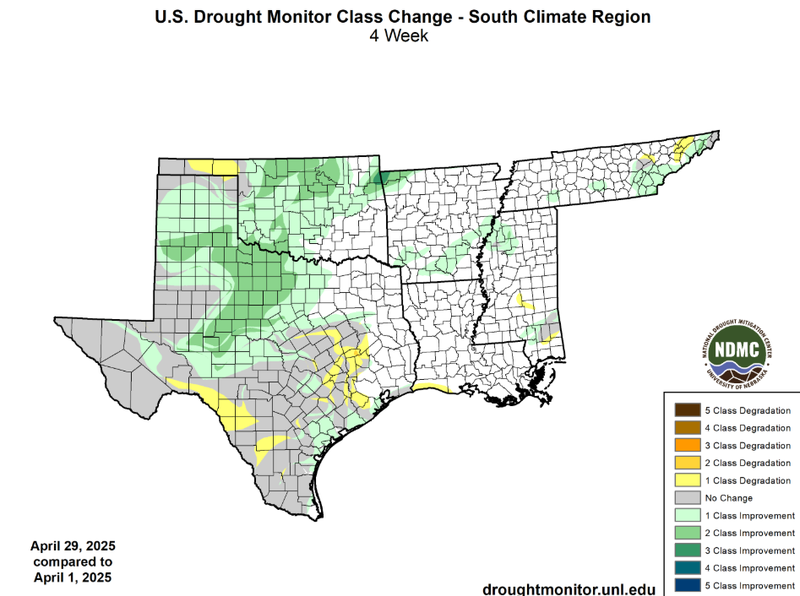 U.S Drought Monitor Class Change Map for April, Southern Climate Region