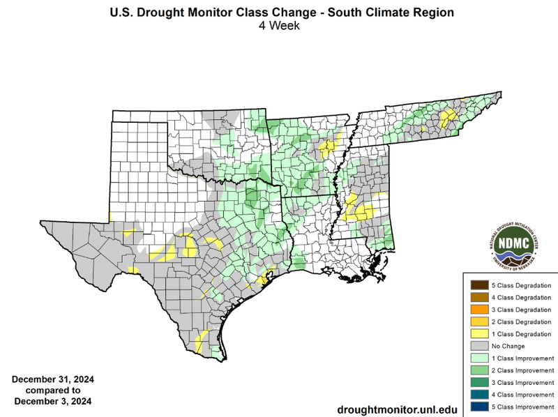 U.S Drought Monitor Class Change Map for December, Southern Climate Region