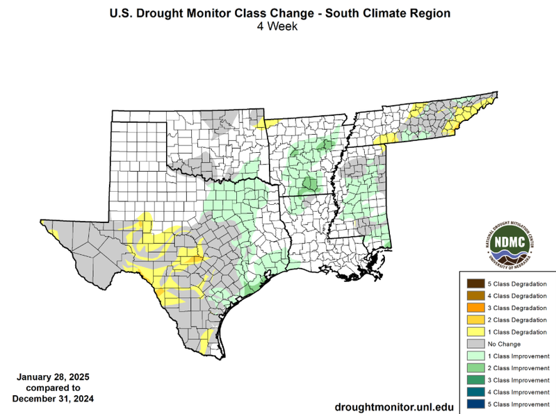 U.S Drought Monitor Class Change Map for January, Southern Climate Region