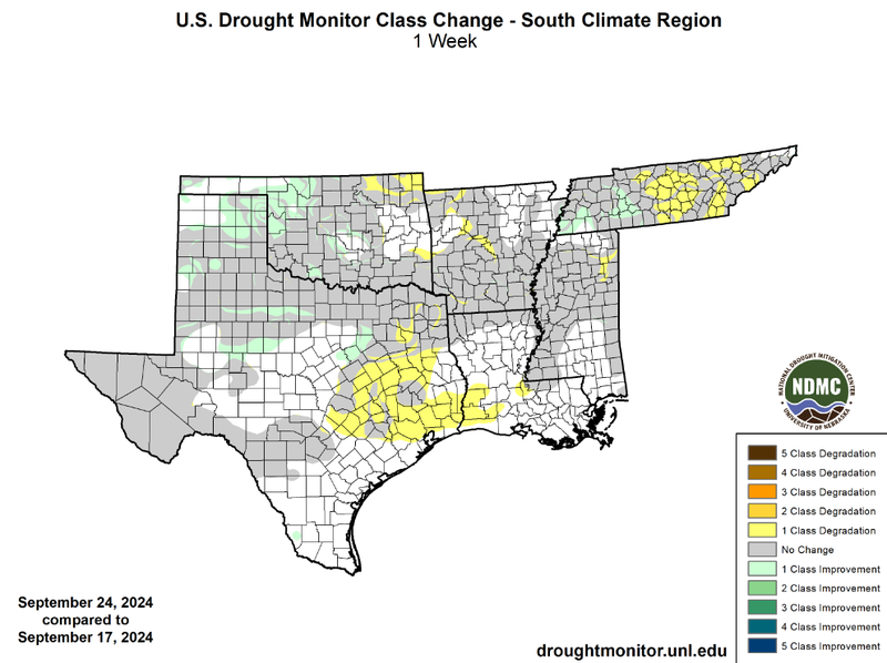 U.S Drought Monitor Class Change Map for Southern Climate Region, Valid September 24th