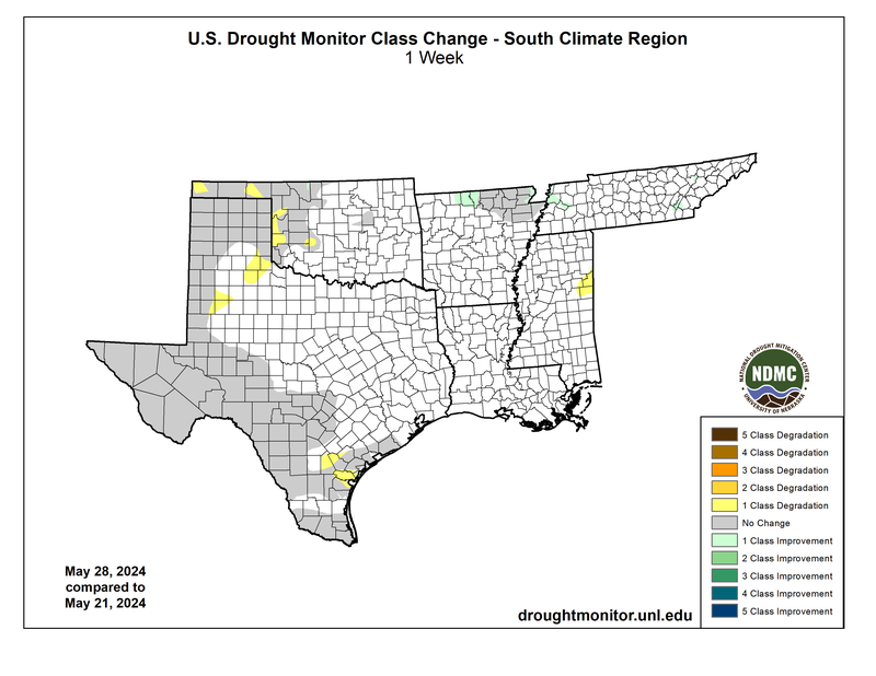 U.S. Drought Monitor Class Change for the Southern Region for May 28th, 2024