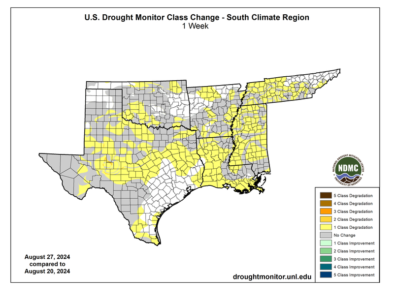 Drought Monitor 1 Week Class Change Map, Valid August 27th, 2024