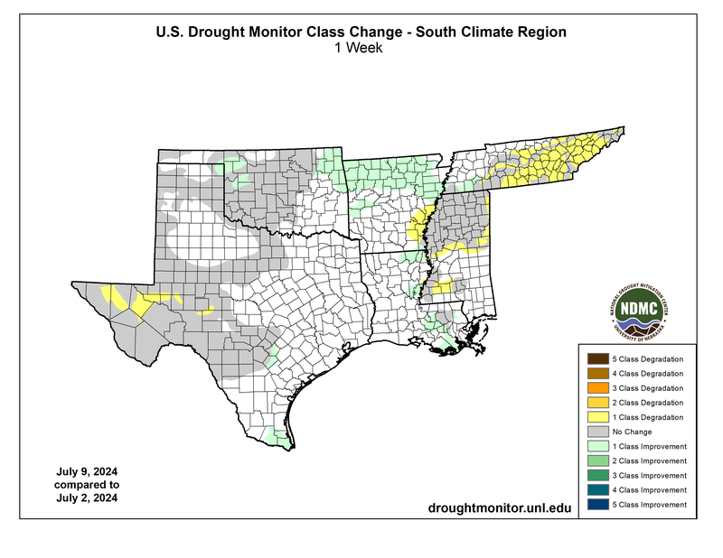 U.S Drought Monitor Class Change Map for Southern Climate Region, Valid July 9th