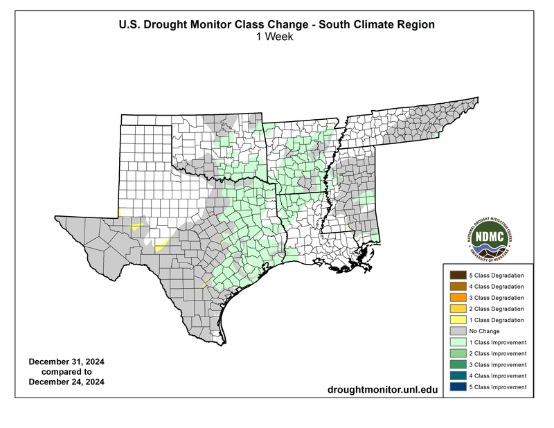 U.S. Drought Monitor One Week Class Change for the Southern Region, December 31st compared to December 24th