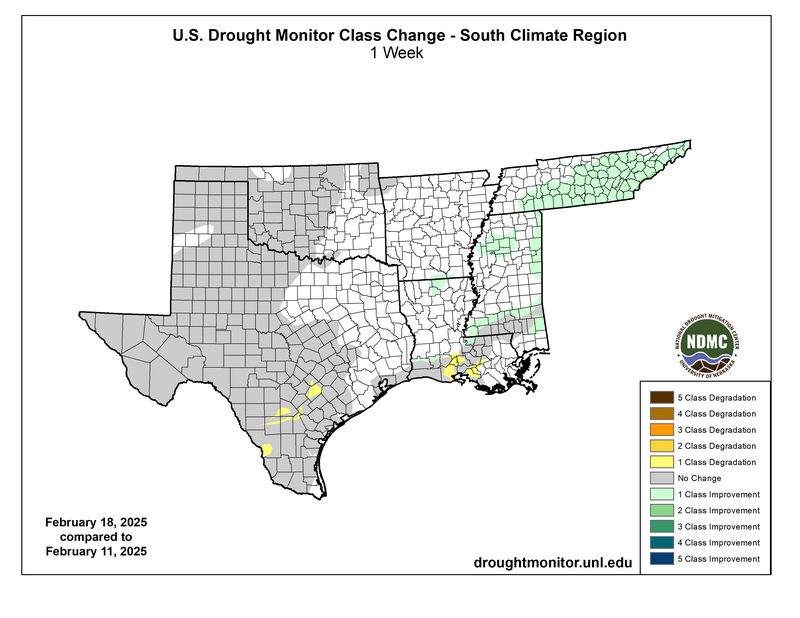 Drought Monitor 1 Week Class Change Map from 02/11/2025 to 02/18/2025