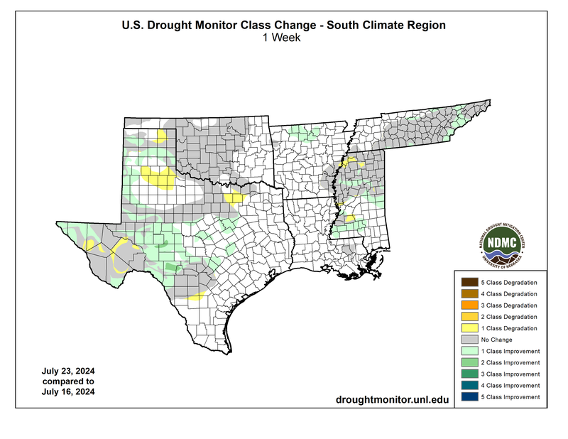 U.S Drought Monitor Class Change Map for Southern Climate Region, Valid July 23rd