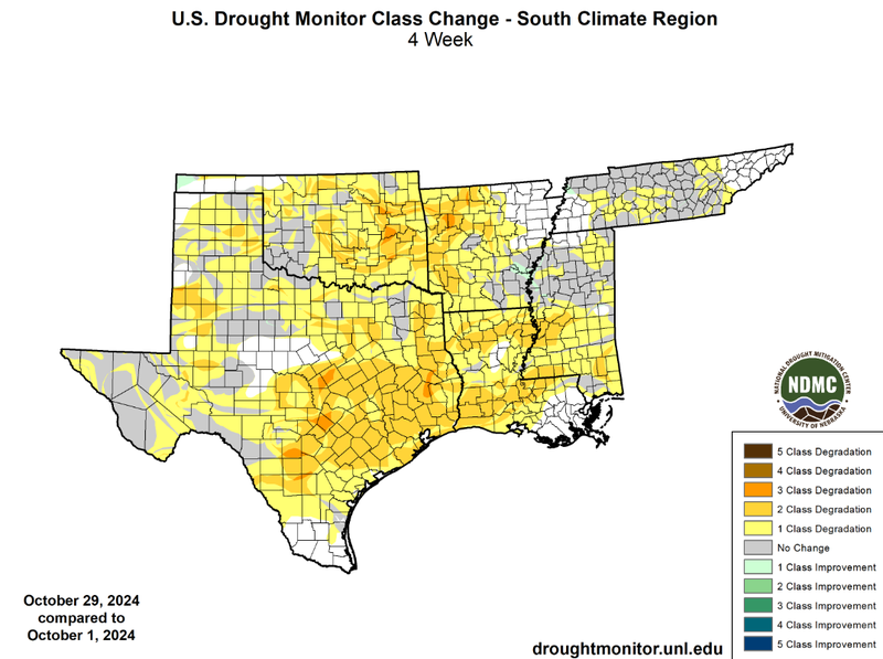 U.S Drought Monitor Class Change Map for October, Southern Climate Region