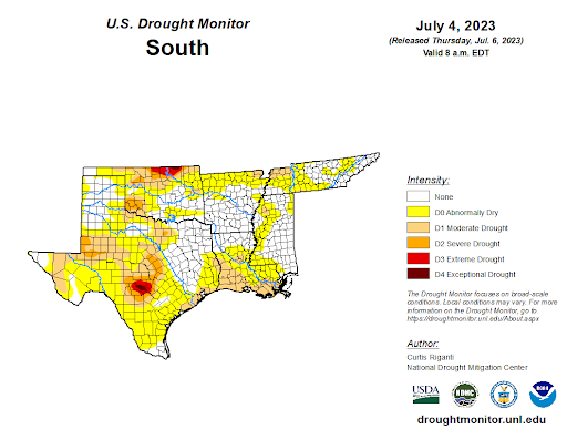 U.S Drought Monitor for the Southern Climate Region, Valid July 4th