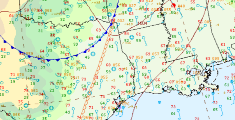 Surface analysis showing warm temperatures ahead of an advancing cold front