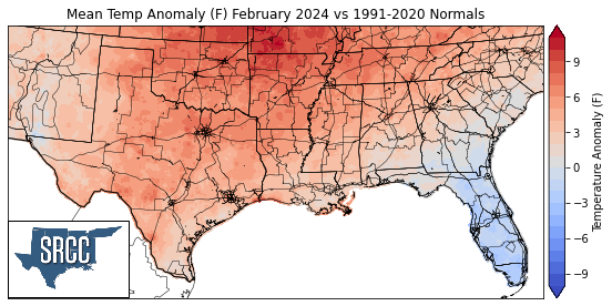 Graphic showing the mean temperature anomalies across the Southern Region for February