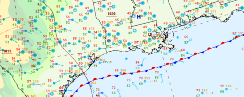 Surface analysis displaying a stalled front along the coast