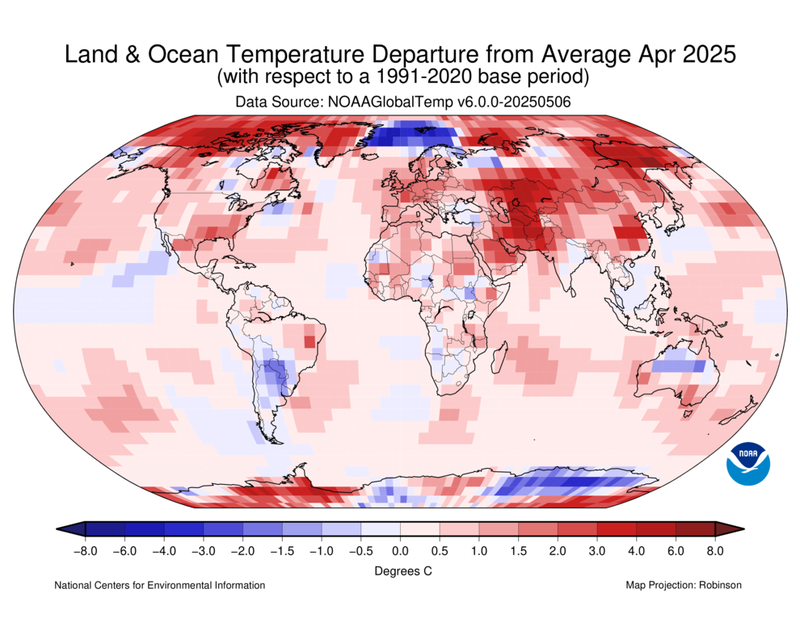 Land & Ocean Temperature Departure from Average April 2025