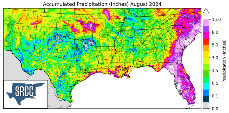 Graphic showing the accumulated precipitation across the Southern Region for Augus