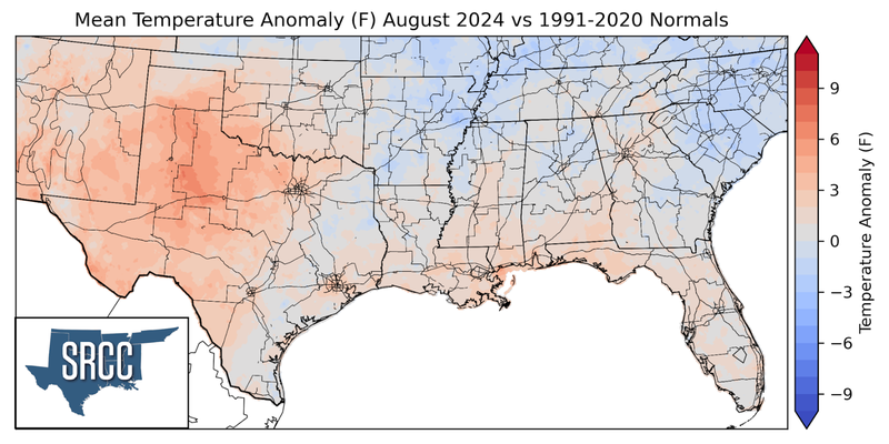 Graphic showing the mean temperature anomalies across the Southern Region for August