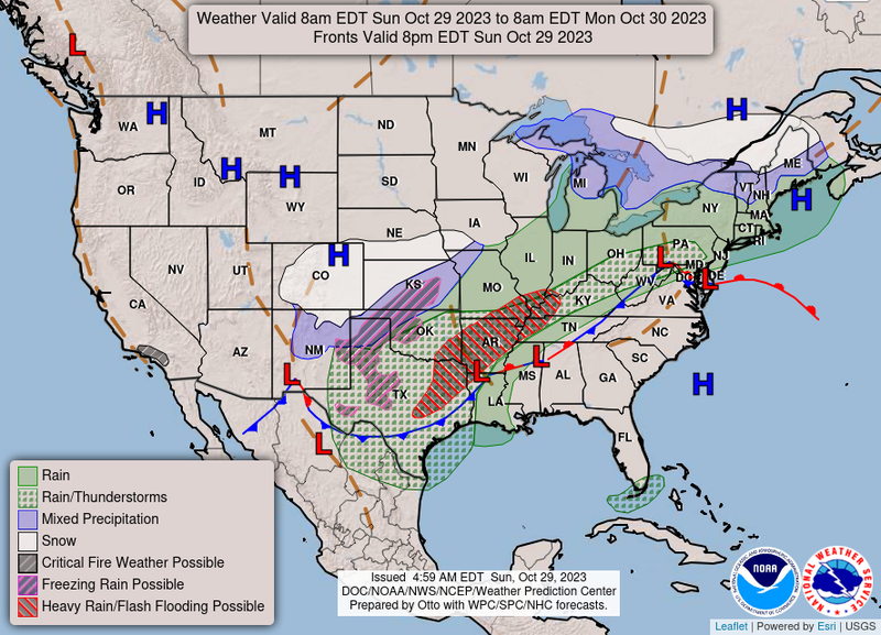 Map of United States displaying cold front digging through the southern region on Sunday