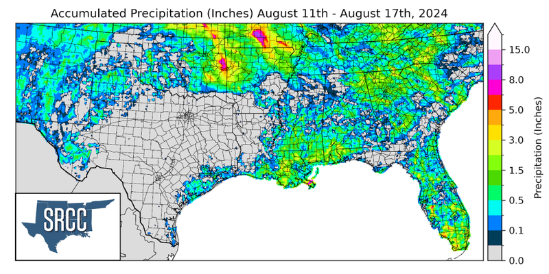 Graphic showing the accumulated precipitation across the Southern Region for August 11th - 17th