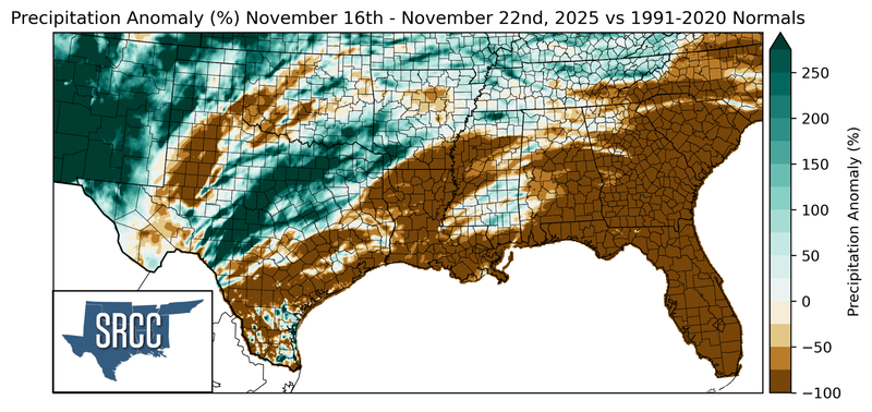precipitation anomaly (%) 11/16/25-11/22/25