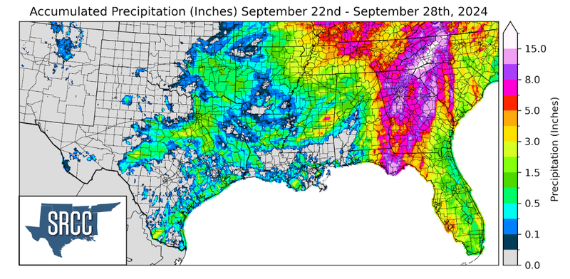 Graphic showing the accumulated precipitation across the Southern Region for September 22nd - 28th