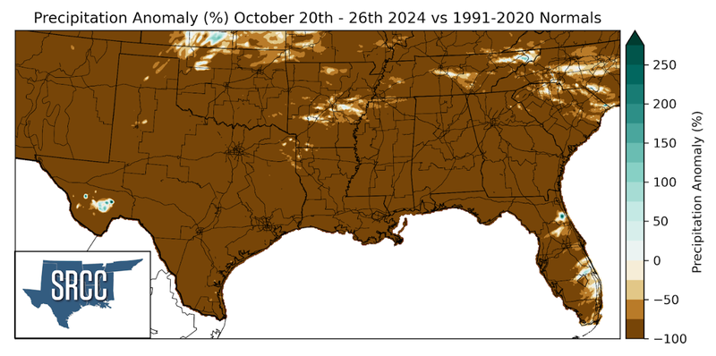 Graphic showing the precipitation anomalies across the Southern Region for October 20th - 26th