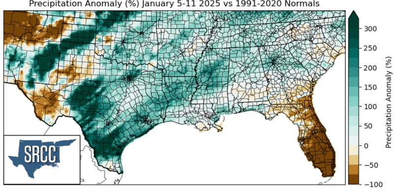 Graphic showing the precipitation anomalies across the Southern Region for January 5th - 11th