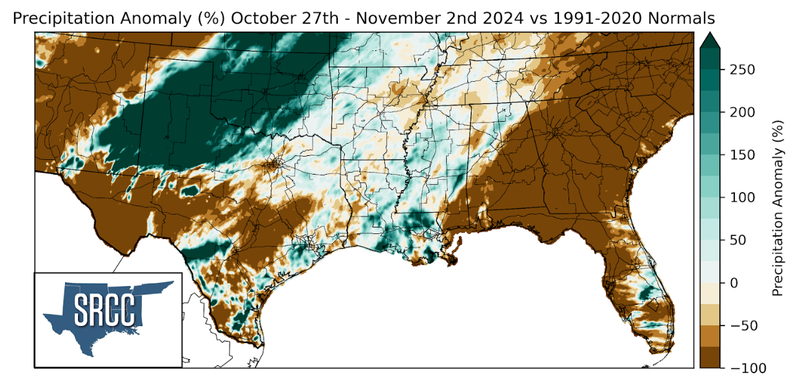 Graphic showing the precipitation anomalies across the Southern Region for October 27th - November 2nd