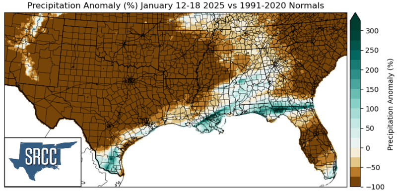 Graphic showing the precipitation anomalies across the Southern Region for January 12th - 18th