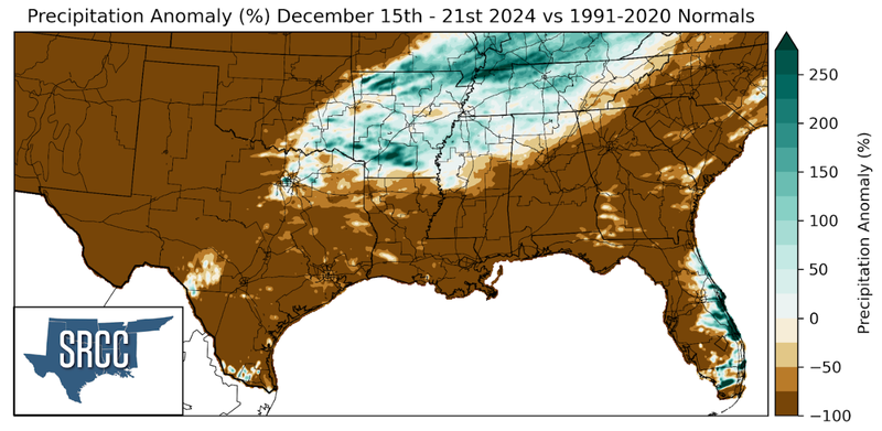 Graphic showing the precipitation anomalies across the Southern Region for December 15th - 21st