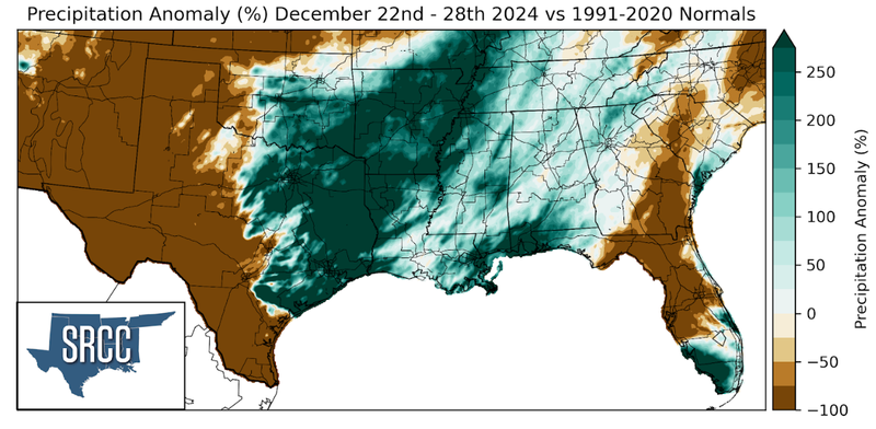 Graphic showing the precipitation anomalies across the Southern Region for December 22nd - 28th