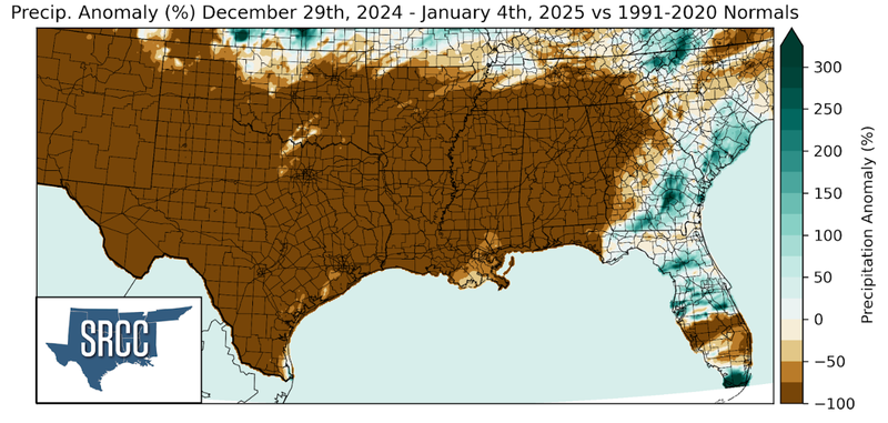 Graphic showing the precipitation anomalies across the Southern Region for December 29th - January 4th