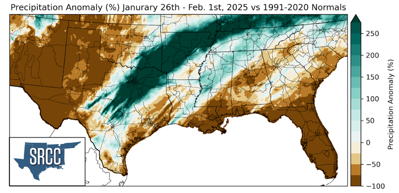 Graphic showing the precipitation anomalies across the Southern Region for January 26th - February 1st