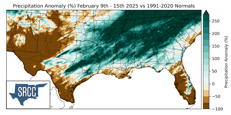 Graphic showing the precipitation anomalies across the Southern Region for February 9th - 15th