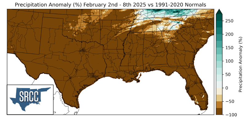 Graphic showing the precipitation anomalies across the Southern Region for February 2nd - 8th