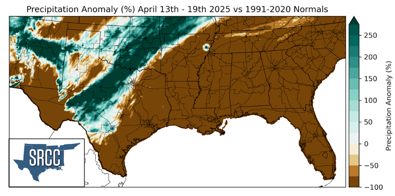 Graphic showing the precipitation anomalies across the Southern Region for April 13th - 19th