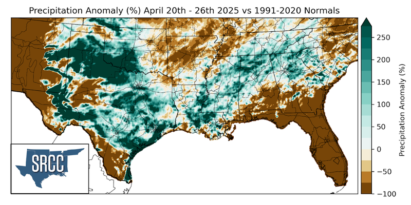 Graphic showing the precipitation anomalies across the Southern Region for April 13th - 19th