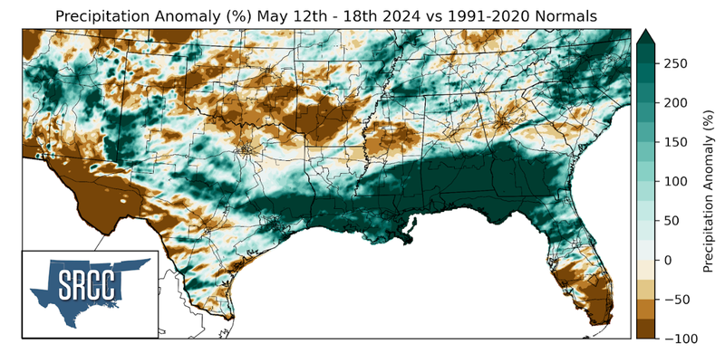 Graphic showing the precipitation anomalies across the Southern Region for May 12th - 18th