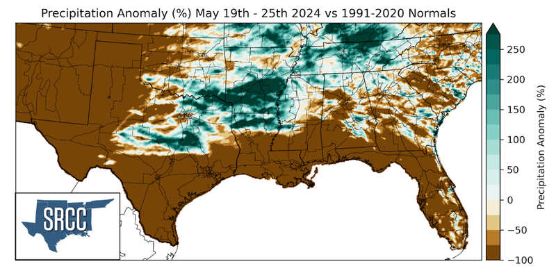 Precipitation Anomaly % May 19-25, 2024 vs 1990-2020 Normals