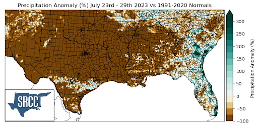 Graphic showing the precipitation anomalies across the Southern Region for July 23rd - 29th