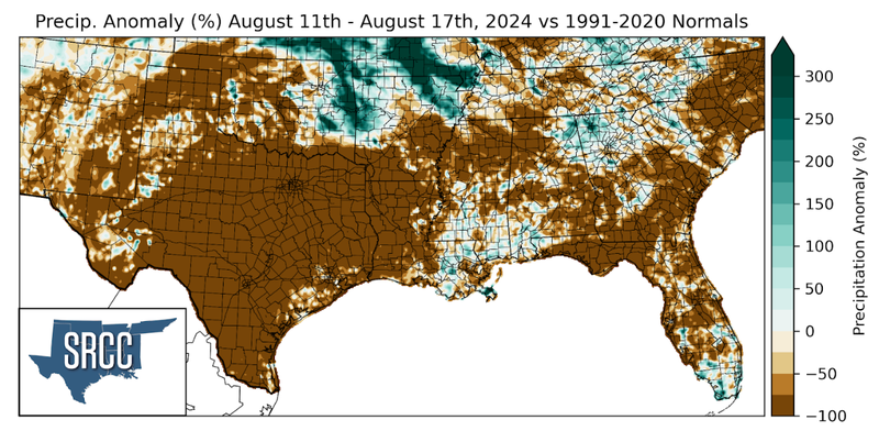 Graphic showing the precipitation anomalies across the Southern Region for August 18th - 24th