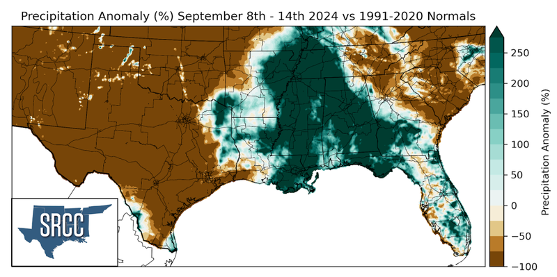 Graphic showing the precipitation anomalies across the Southern Region for September 8th - 14th