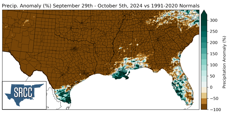 Graphic showing the precipitation anomalies across the Southern Region for September 29th - October 5th