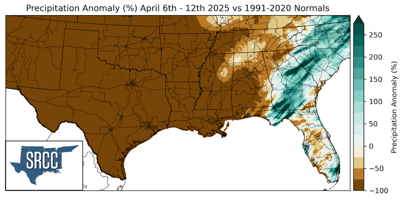 Graphic showing the precipitation anomalies across the Southern Region for April 4th - 12th