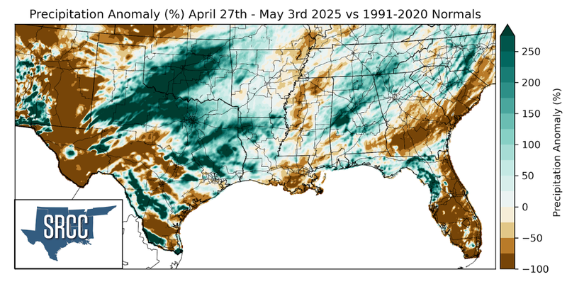 Graphic showing the precipitation anomalies across the Southern Region for April 27th - May 3rd