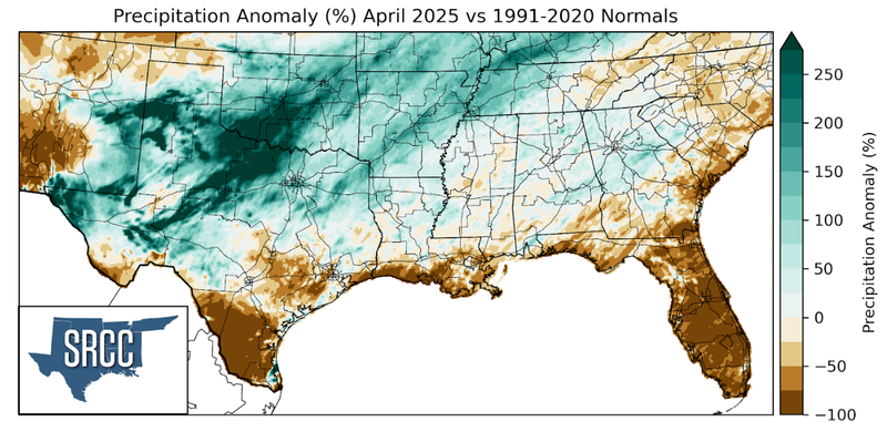 Graphic showing the precipitation anomalies across the Southern Region for April