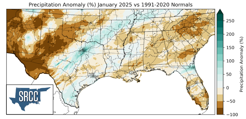 Graphic showing the precipitation anomalies across the Southern Region for January