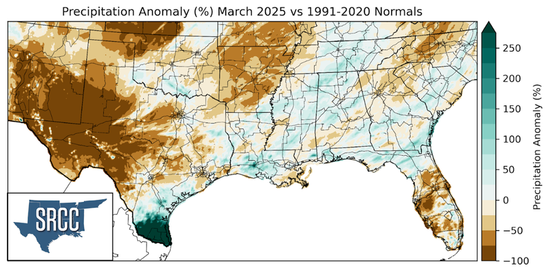 Graphic showing the precipitation anomalies across the Southern Region for March