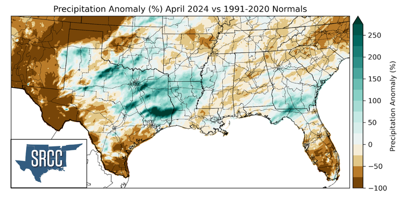 Graphic showing the precipitation anomalies across the Southern Region for April