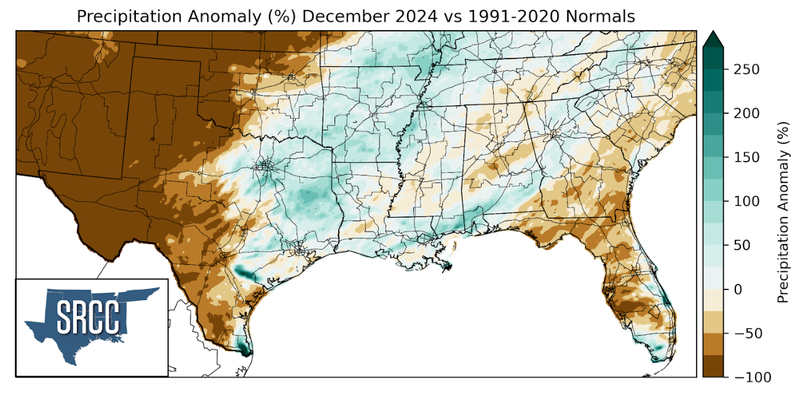 Graphic showing the precipitation anomalies across the Southern Region for December