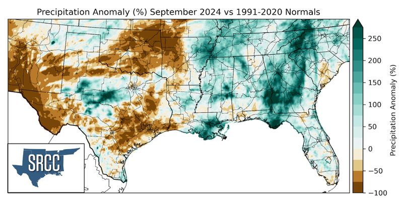 Graphic showing the precipitation anomalies across the Southern Region for September